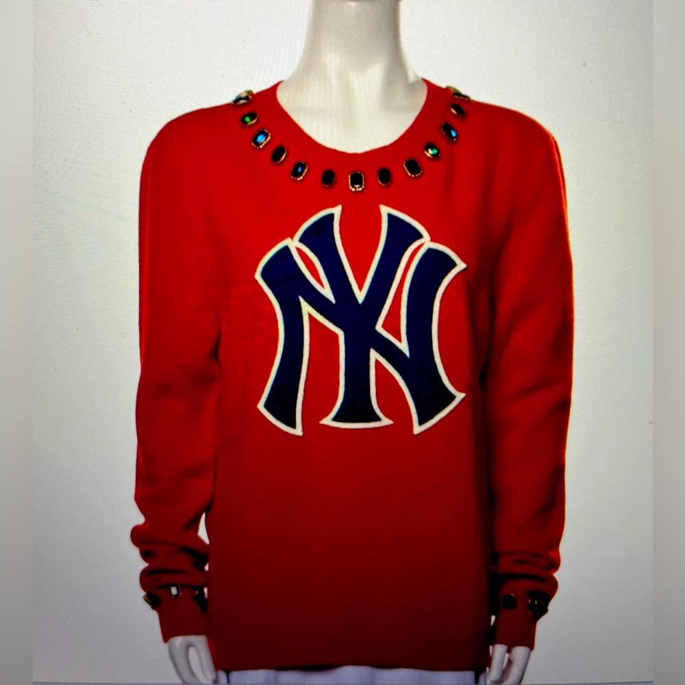 Gucci, graphic, scoop neck red sweater, embroidered, and crystal accents size L‎